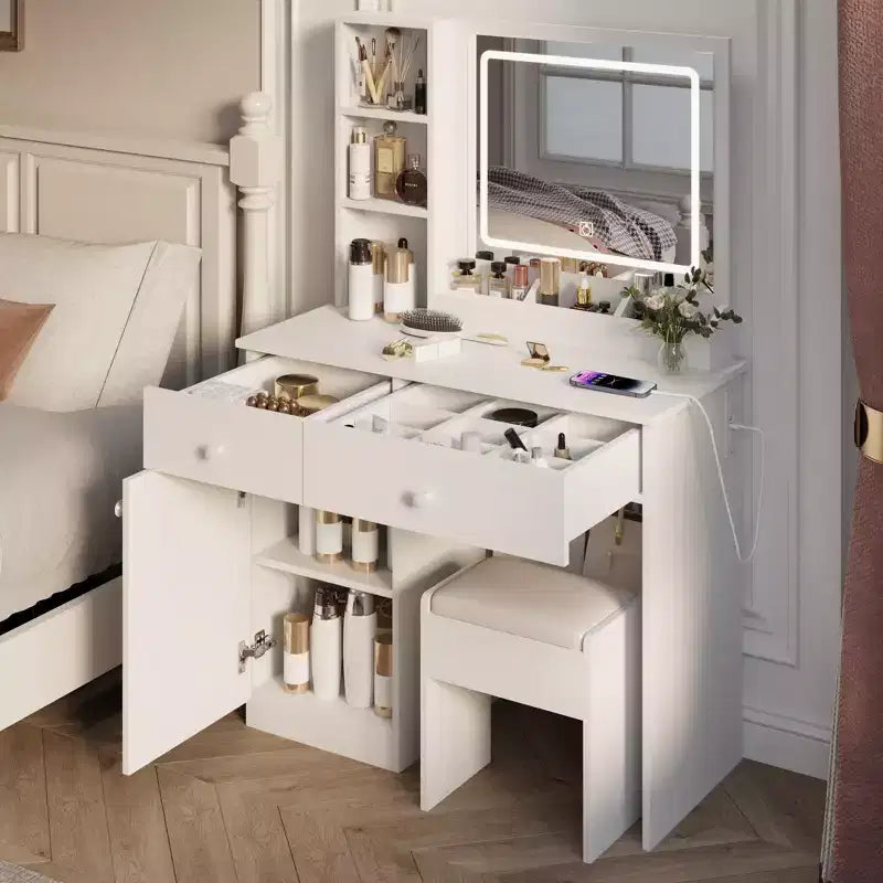 Okak Tavolino da trucco con specchio regolabile a 3 colori, Vanity con sgabello e ampio spazio di archiviazione, Vanity compatto per soggiorno, camera da letto, Bianco