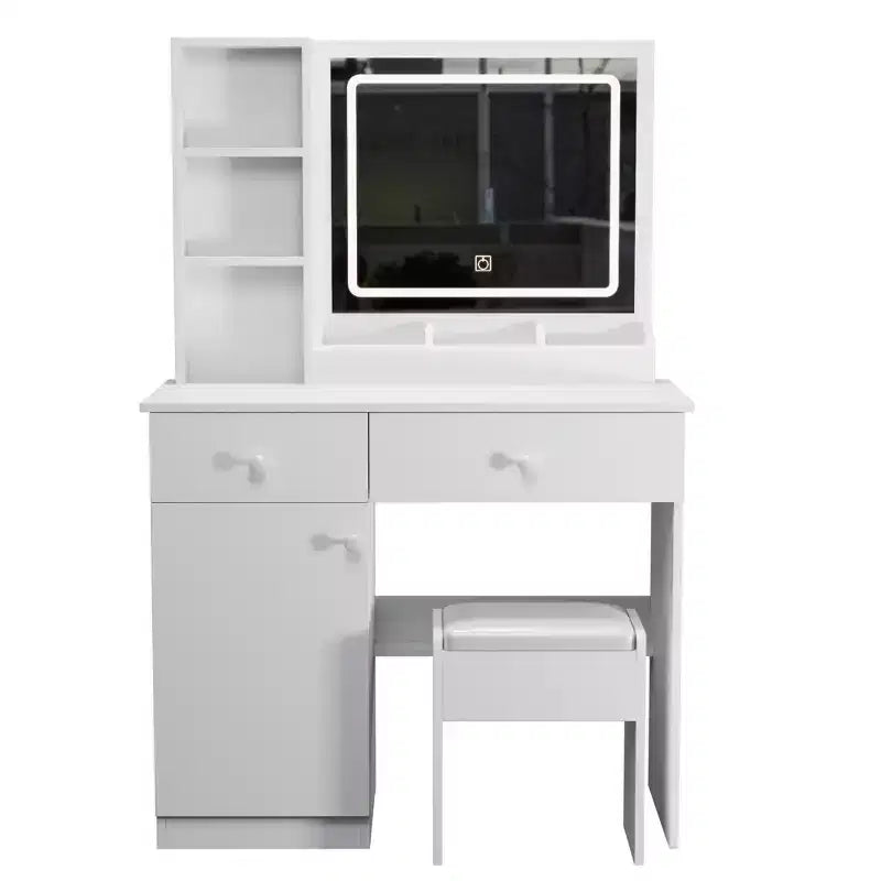 Okak Tavolino da trucco con specchio regolabile a 3 colori, Vanity con sgabello e ampio spazio di archiviazione, Vanity compatto per soggiorno, camera da letto, Bianco