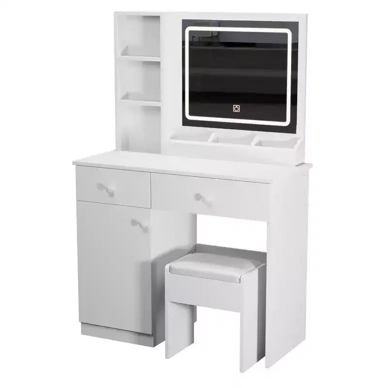 Okak Tavolino da trucco con specchio regolabile a 3 colori, Vanity con sgabello e ampio spazio di archiviazione, Vanity compatto per soggiorno, camera da letto, Bianco