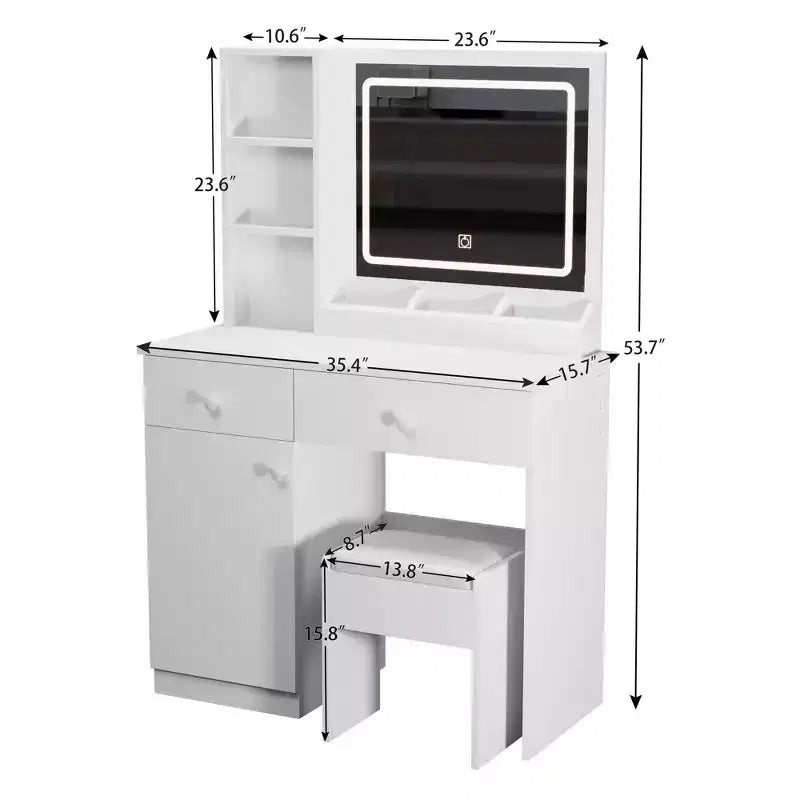 Okak Tavolino da trucco con specchio regolabile a 3 colori, Vanity con sgabello e ampio spazio di archiviazione, Vanity compatto per soggiorno, camera da letto, Bianco