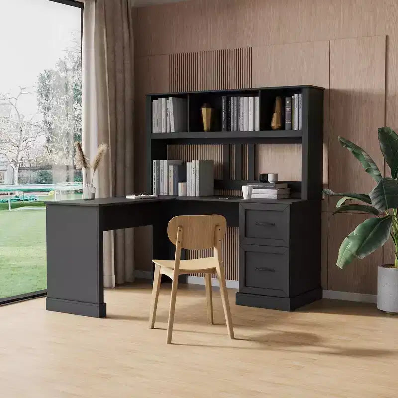 TUYOHW 59.84 Scrivania da Computer per Ufficio, Scrivania con Libreria, 2 Cassetti e Ripiani Aperti a 2 Livelli, Grande Postazione di Lavoro per Studio, Ufficio, Soggiorno