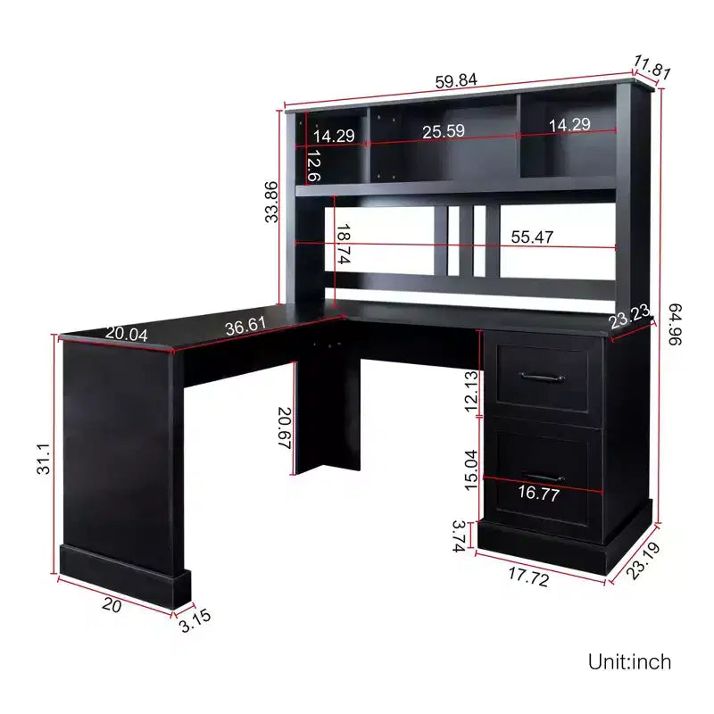 TUYOHW 59.84 Scrivania da Computer per Ufficio, Scrivania con Libreria, 2 Cassetti e Ripiani Aperti a 2 Livelli, Grande Postazione di Lavoro per Studio, Ufficio, Soggiorno