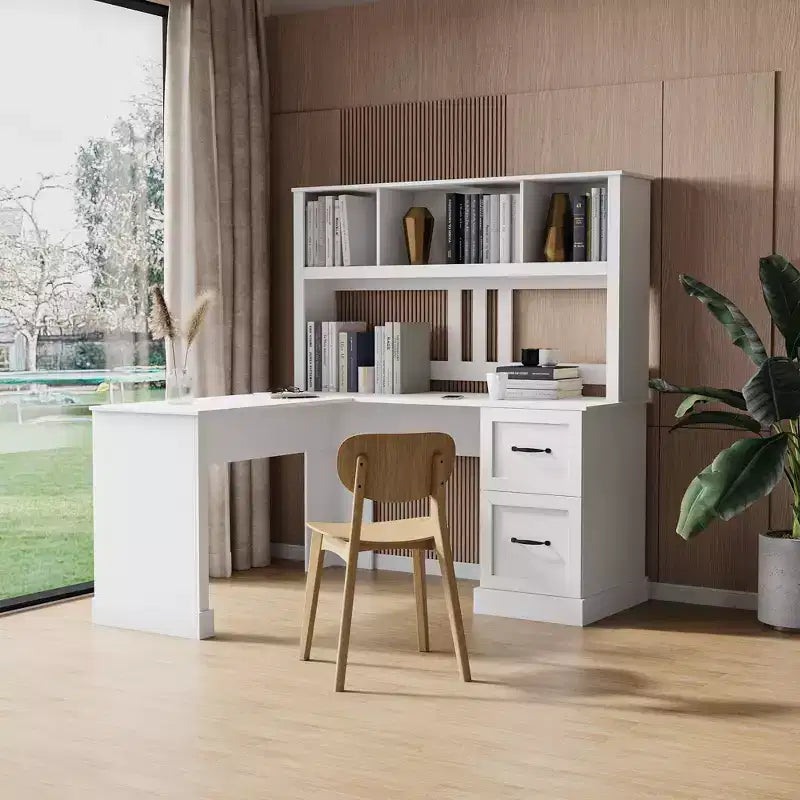 TUYOHW 59.84 Scrivania da Computer per Ufficio, Scrivania con Libreria, 2 Cassetti e Ripiani Aperti a 2 Livelli, Grande Postazione di Lavoro per Studio, Ufficio, Soggiorno
