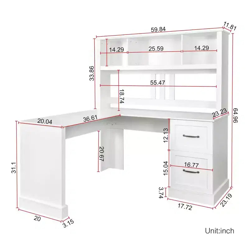 TUYOHW 59.84 Scrivania da Computer per Ufficio, Scrivania con Libreria, 2 Cassetti e Ripiani Aperti a 2 Livelli, Grande Postazione di Lavoro per Studio, Ufficio, Soggiorno