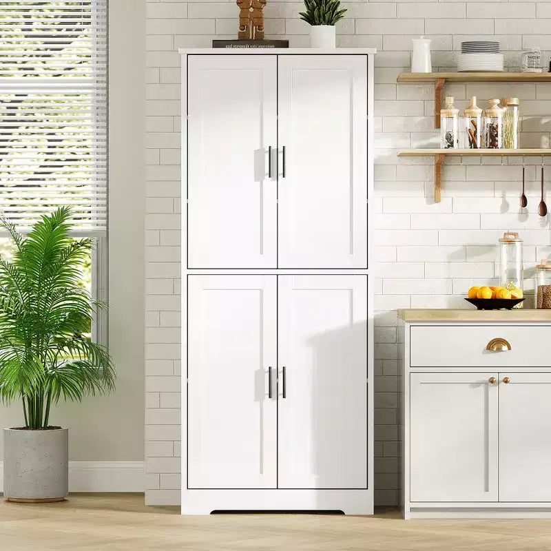 Freestanding Tall Storage Cabinet with 4 Doors & Adjustable Shelves, Solid Wood Organizer for Living Room, Kitchen, Bathroom, Modern Practical Design