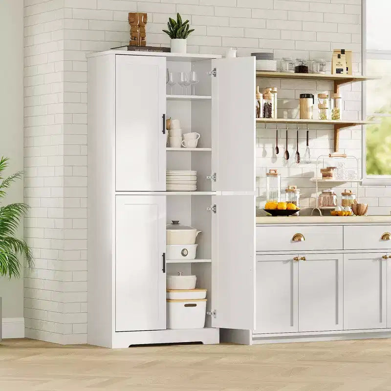 Mobiletto Alto Indipendente con 4 Ante e Ripiani Regolabili, Organizzatore in Legno Massiccio per Soggiorno, Cucina, Bagno, Design Moderno e Pratico