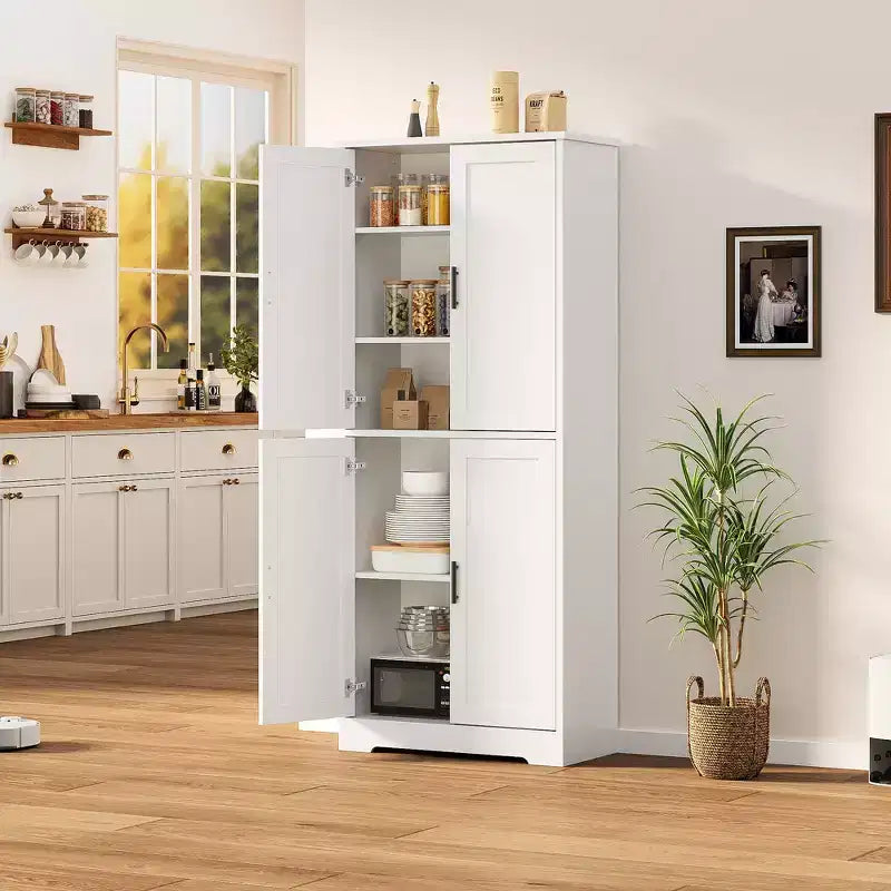 Mobiletto Alto Indipendente con 4 Ante e Ripiani Regolabili, Organizzatore in Legno Massiccio per Soggiorno, Cucina, Bagno, Design Moderno e Pratico