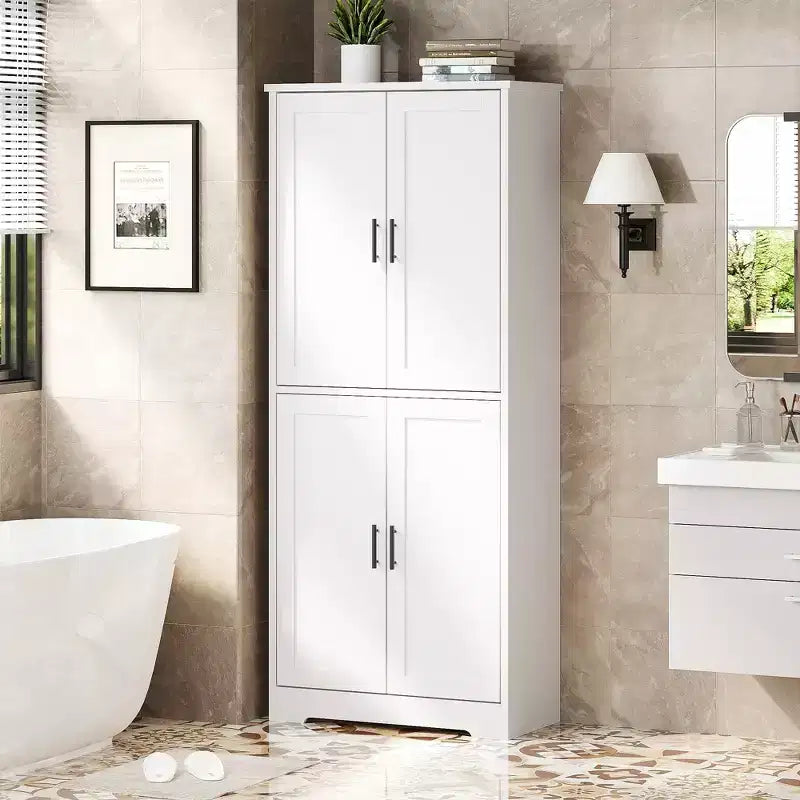 Mobiletto Alto Indipendente con 4 Ante e Ripiani Regolabili, Organizzatore in Legno Massiccio per Soggiorno, Cucina, Bagno, Design Moderno e Pratico