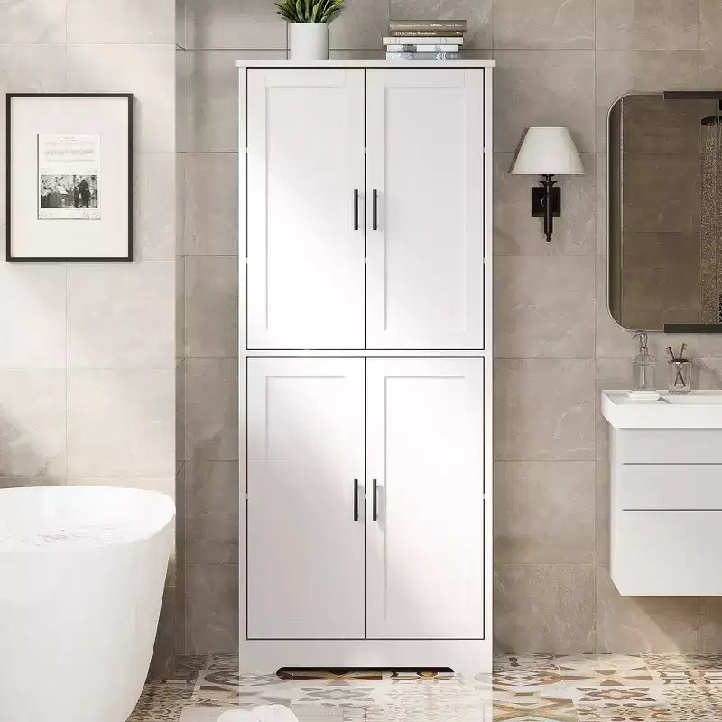 Mobiletto Alto Indipendente con 4 Ante e Ripiani Regolabili, Organizzatore in Legno Massiccio per Soggiorno, Cucina, Bagno, Design Moderno e Pratico