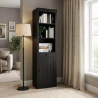71 Tall Narrow Bookcase with Door, 3-Tier Open Bookshelf with Pull-Out Drawer & Adjustable Shelf, Single-Door Cabinet for Home Office