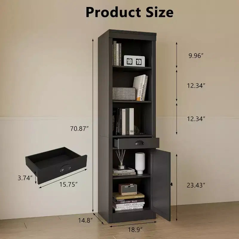 Libreria stretta e alta da 180 cm con anta, libreria aperta a 3 ripiani con cassetto estraibile e ripiano regolabile, armadietto a un'anta per l'home office