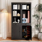 Libreria stretta e alta da 180 cm con anta, libreria aperta a 3 ripiani con cassetto estraibile e ripiano regolabile, armadietto a un'anta per l'home office