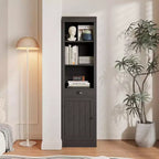 Libreria stretta e alta da 180 cm con anta, libreria aperta a 3 ripiani con cassetto estraibile e ripiano regolabile, armadietto a un'anta per l'home office