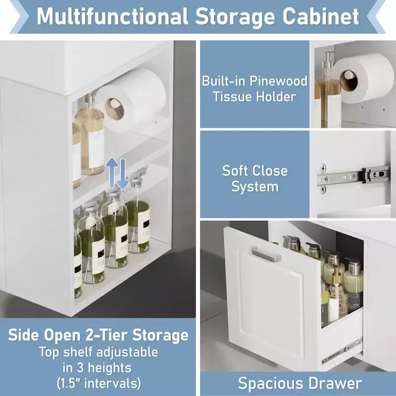 Mobile bagno sospeso da 55 cm con lavabo integrato, ampio cassetto, ripiani regolabili, portarotolo e sistema di chiusura ammortizzata