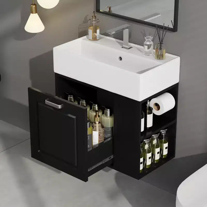 Mobile bagno sospeso da 55 cm con lavabo integrato, ampio cassetto, ripiani regolabili, portarotolo e sistema di chiusura ammortizzata
