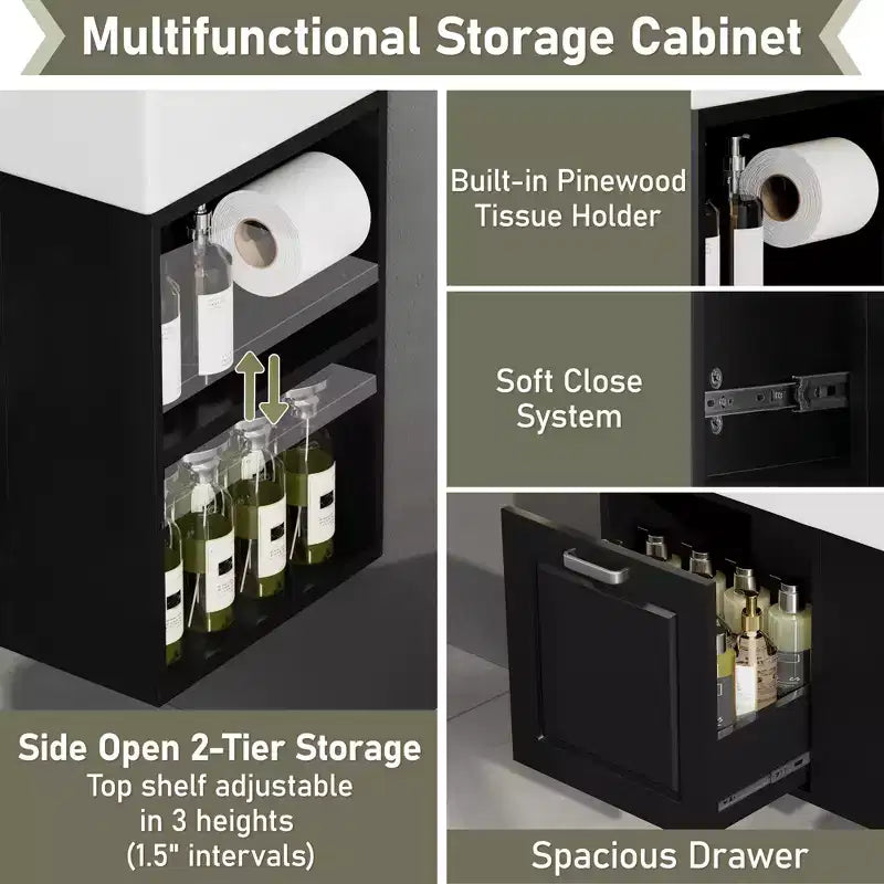 Mobile bagno sospeso da 55 cm con lavabo integrato, ampio cassetto, ripiani regolabili, portarotolo e sistema di chiusura ammortizzata