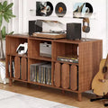 55 Mid-Century Modern Record Stand with Charging Station,Rustic Wood Turntable Cabinet, Open Shelves for Vinyl Storage