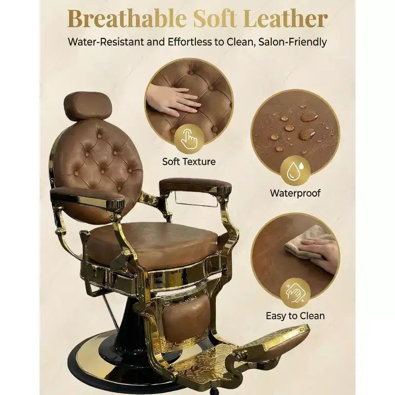 Poltrona da Barbiere Girevole a 360° Retro, Poltrona da Salone Reclinabile con Poggiatesta e Poggiapiedi Regolabili, Sedia da Parrucchiere per Casa, Shampoo, Carico Massimo 317 kg