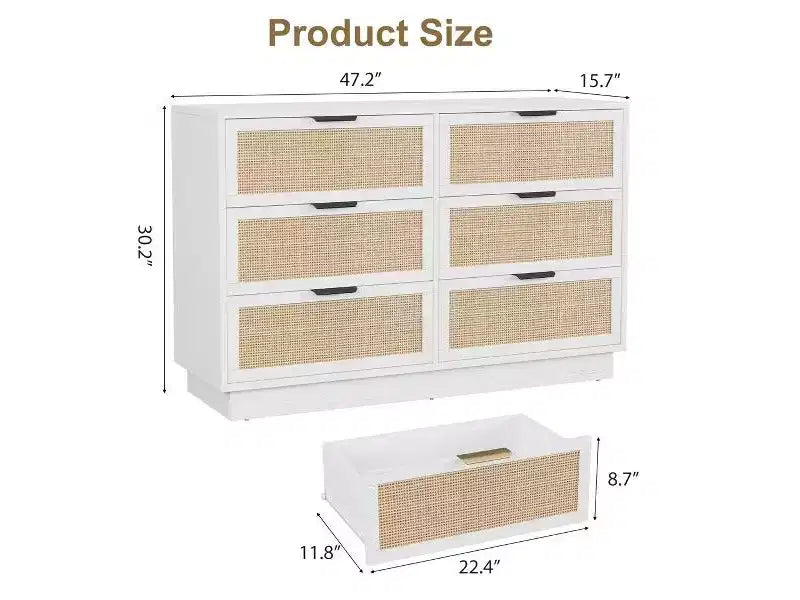Cassettiera in rattan a 6 cassetti, comò largo 120 cm con maniglie in metallo e robusta base in legno per camera da letto, soggiorno, cameretta, armadio