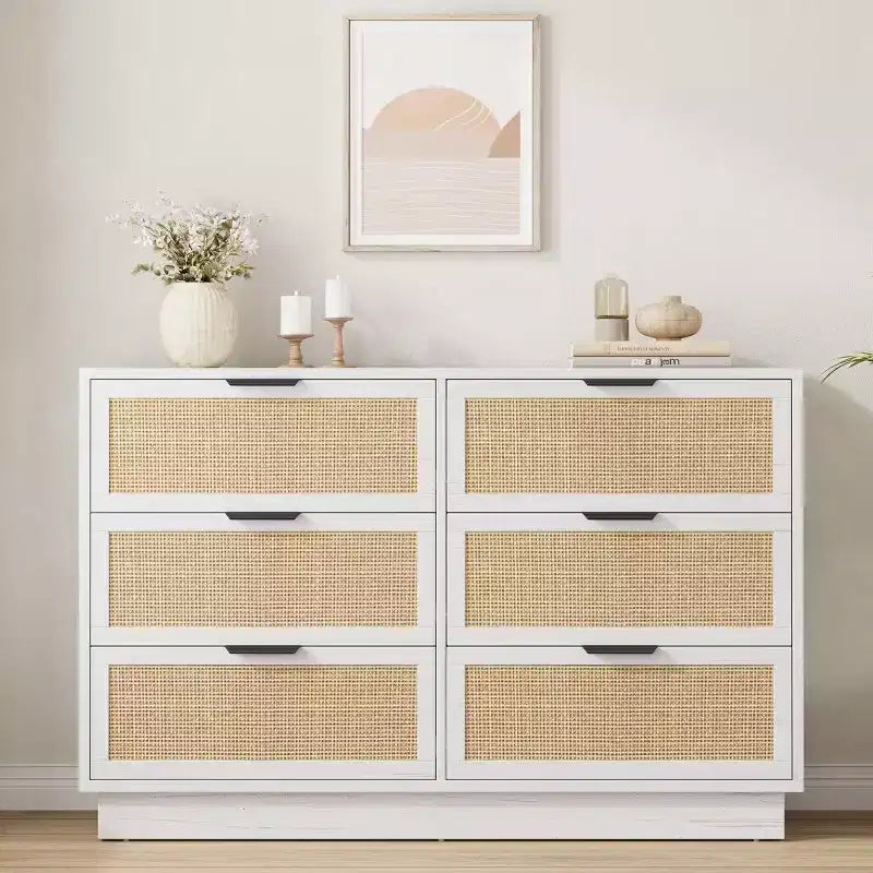 Cassettiera in rattan a 6 cassetti, comò largo 120 cm con maniglie in metallo e robusta base in legno per camera da letto, soggiorno, cameretta, armadio