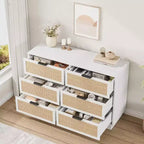 Cassettiera in rattan a 6 cassetti, comò largo 120 cm con maniglie in metallo e robusta base in legno per camera da letto, soggiorno, cameretta, armadio