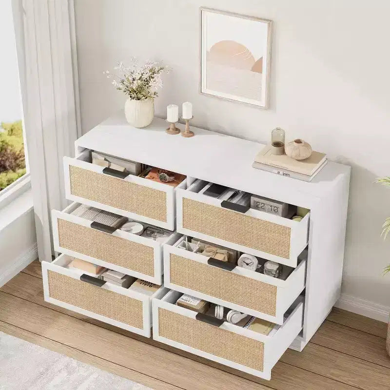 Cassettiera in rattan a 6 cassetti, comò largo 120 cm con maniglie in metallo e robusta base in legno per camera da letto, soggiorno, cameretta, armadio