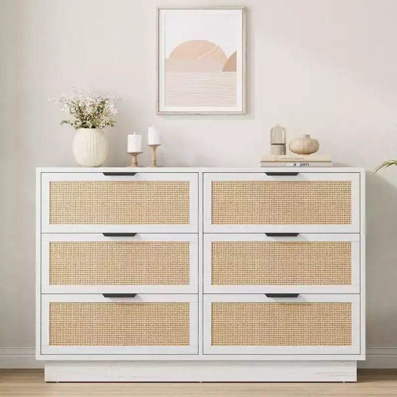 Cassettiera in rattan a 6 cassetti, comò largo 120 cm con maniglie in metallo e robusta base in legno per camera da letto, soggiorno, cameretta, armadio
