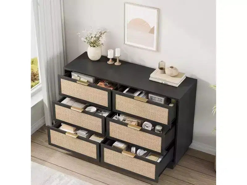 Cassettiera in rattan a 6 cassetti, comò largo 120 cm con maniglie in metallo e robusta base in legno per camera da letto, soggiorno, cameretta, armadio