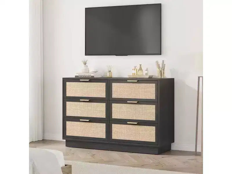 Cassettiera in rattan a 6 cassetti, comò largo 120 cm con maniglie in metallo e robusta base in legno per camera da letto, soggiorno, cameretta, armadio