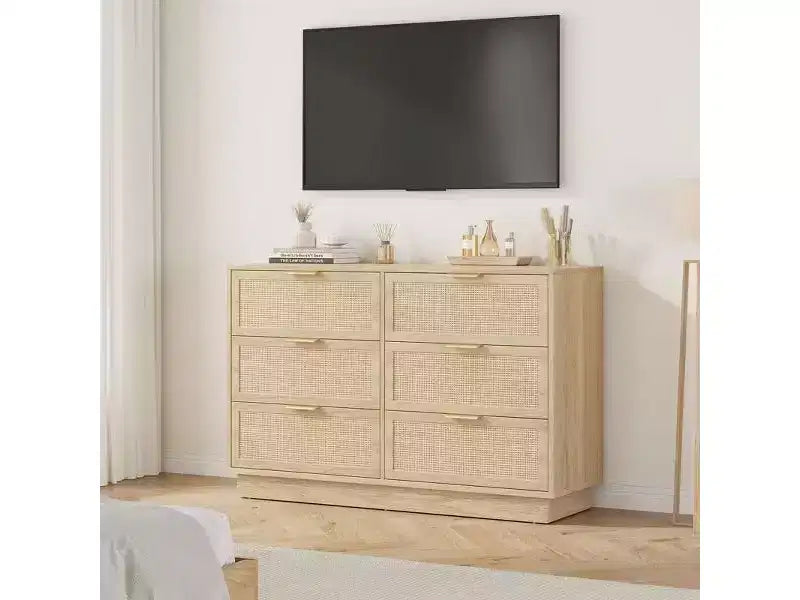 Cassettiera in rattan a 6 cassetti, comò largo 120 cm con maniglie in metallo e robusta base in legno per camera da letto, soggiorno, cameretta, armadio