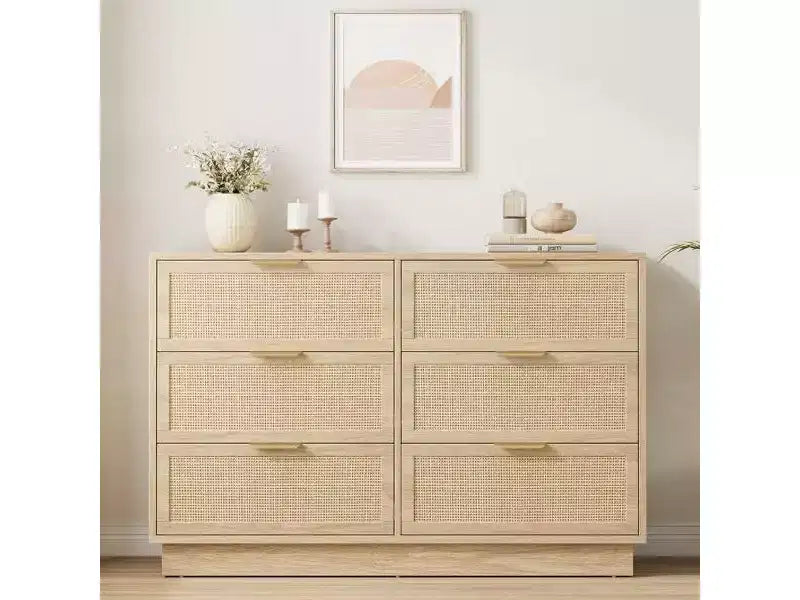 Cassettiera in rattan a 6 cassetti, comò largo 120 cm con maniglie in metallo e robusta base in legno per camera da letto, soggiorno, cameretta, armadio