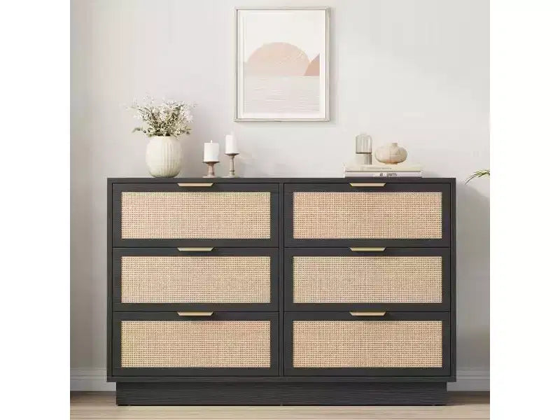 Rattan 6-Drawer Dresser, 47in Wide Chest of Drawers with Metal Handles & Sturdy Wooden Base for Bedroom, Living Room, Nursery, Closet