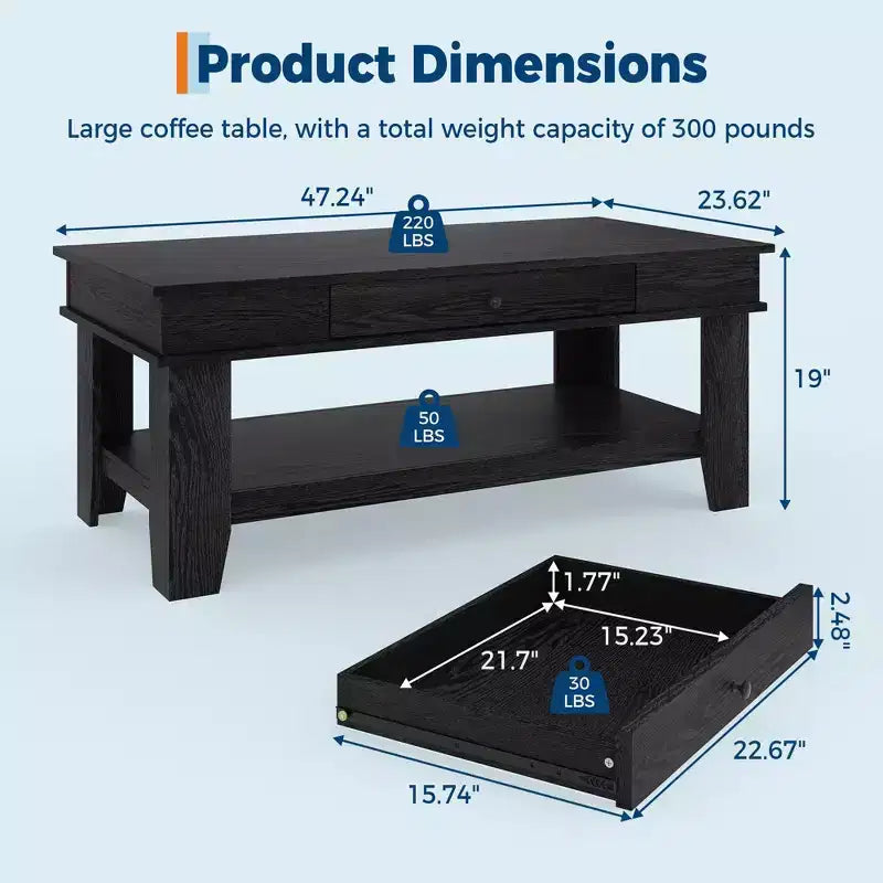 Tavolino da caffè con cassetto, tavolo centrale da 120 cm con ripiano portaoggetti, tavolini rustici lunghi per soggiorno, robusto e facile da pulire