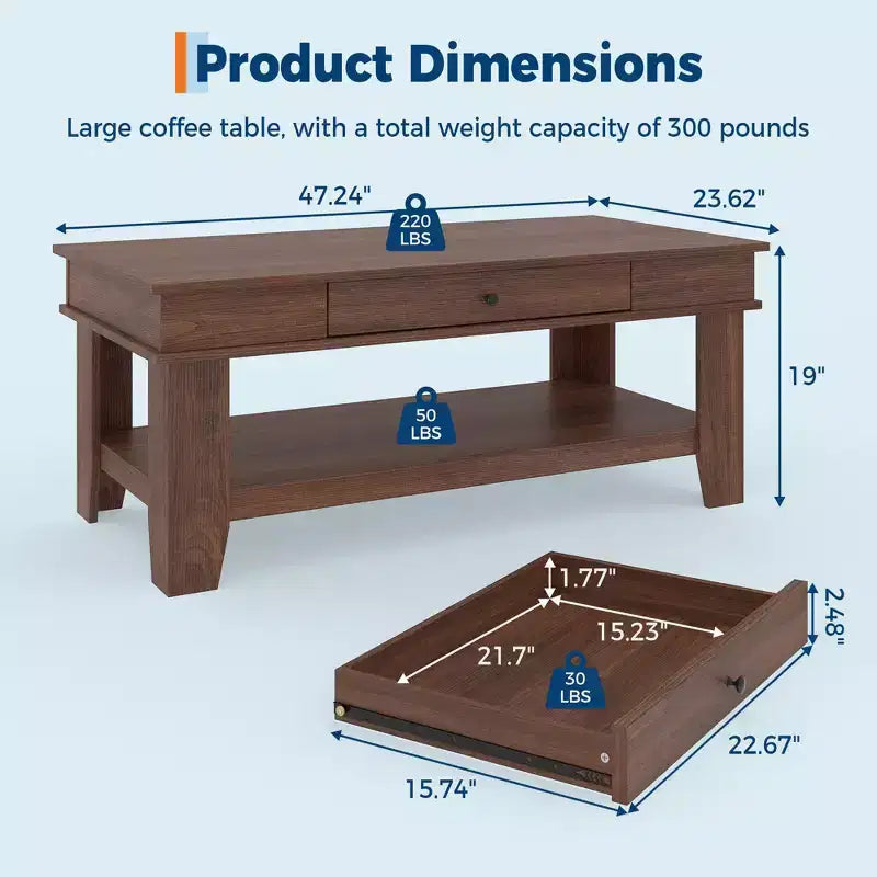 Tavolino da caffè con cassetto, tavolo centrale da 120 cm con ripiano portaoggetti, tavolini rustici lunghi per soggiorno, robusto e facile da pulire