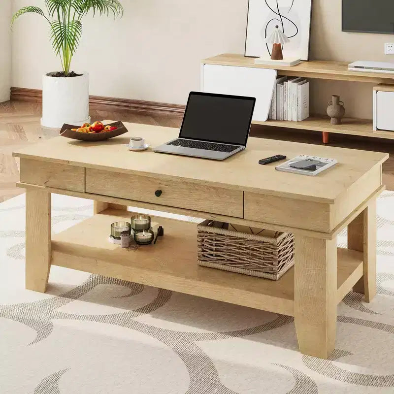 Tavolino da caffè con cassetto, tavolo centrale da 120 cm con ripiano portaoggetti, tavolini rustici lunghi per soggiorno, robusto e facile da pulire