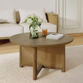 32 Modern Small Round Coffee Table with Rattan Woven Design, Wood Crossed-Base Accent Center Table for Living Room or Small Spaces-Panipeachy