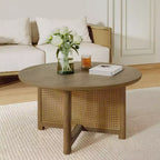 32 Modern Small Round Coffee Table with Rattan Woven Design, Wood Crossed-Base Accent Center Table for Living Room or Small Spaces-Panipeachy
