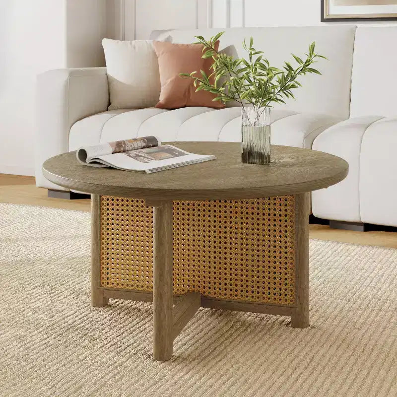 Tavolino da caffè rotondo moderno da 32" con design in rattan intrecciato, tavolo centrale d'accento con base a croce in legno per soggiorno o piccoli spazi - Panipeachy