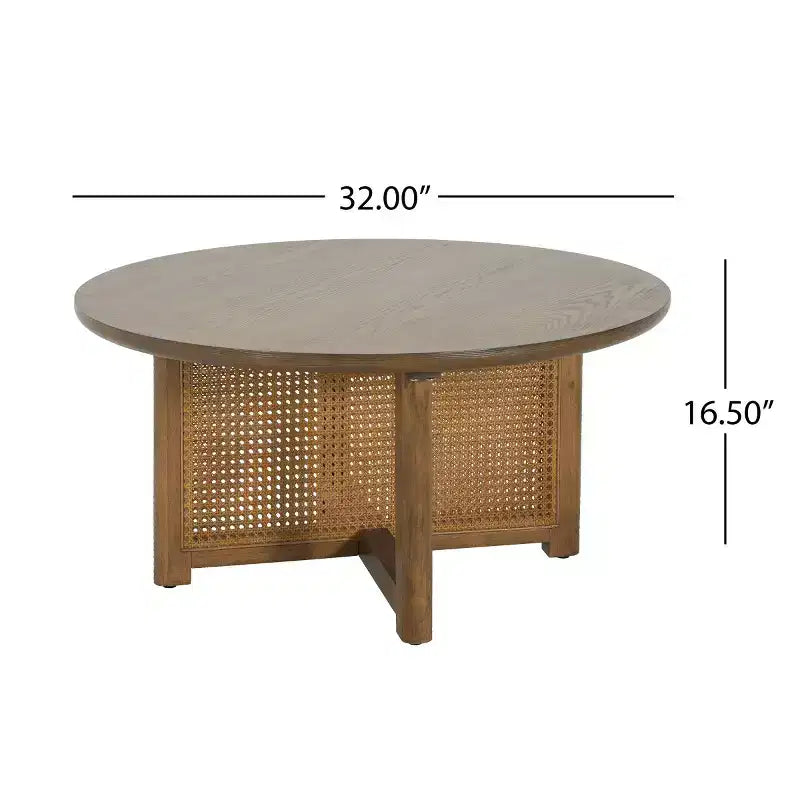 Tavolino da caffè rotondo moderno da 32" con design in rattan intrecciato, tavolo centrale d'accento con base a croce in legno per soggiorno o piccoli spazi - Panipeachy