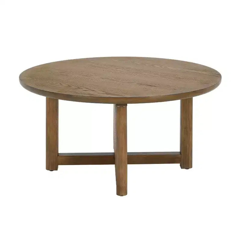 Tavolino da caffè rotondo moderno da 32" con design in rattan intrecciato, tavolo centrale d'accento con base a croce in legno per soggiorno o piccoli spazi - Panipeachy