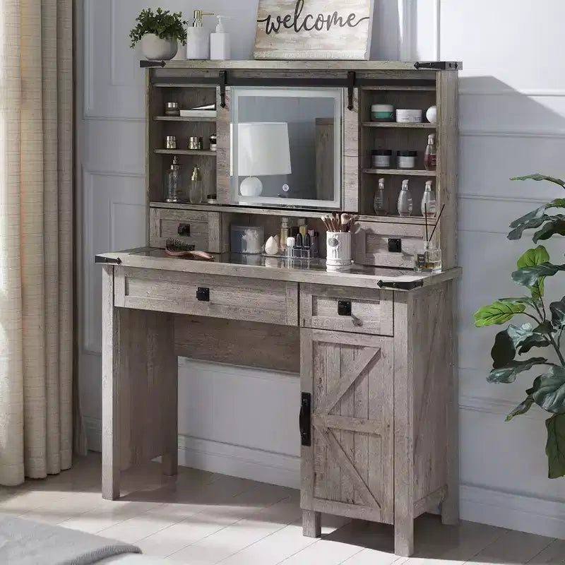 Farmhouse Makeup Vanity Desk with Sliding Mirror and Lights, 42'' Glass Tabletop Vanity Table with 2 Drawers & Shelves, Light Rustic Oak