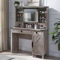 Farmhouse Makeup Vanity Desk with Sliding Mirror and Lights, 42'' Glass Tabletop Vanity Table with 2 Drawers & Shelves, Light Rustic Oak