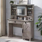 Farmhouse Makeup Vanity Desk with Sliding Mirror and Lights, 42'' Glass Tabletop Vanity Table with 2 Drawers & Shelves, Light Rustic Oak