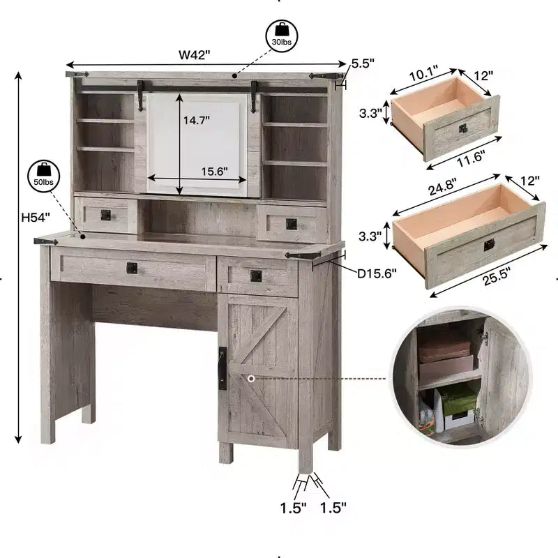 Toeletta da trucco da fattoria con specchio scorrevole e luci, tavolo da trucco in vetro da 42'' con 2 cassetti e ripiani, rovere rustico chiaro