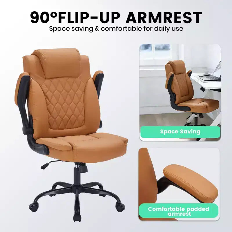 Sedia da ufficio direzionale in pelle, sedia da scrivania ergonomica per carichi pesanti da 158 kg con supporto lombare, braccioli imbottiti ribaltabili, blocco reclinazione e rotazione a 360°