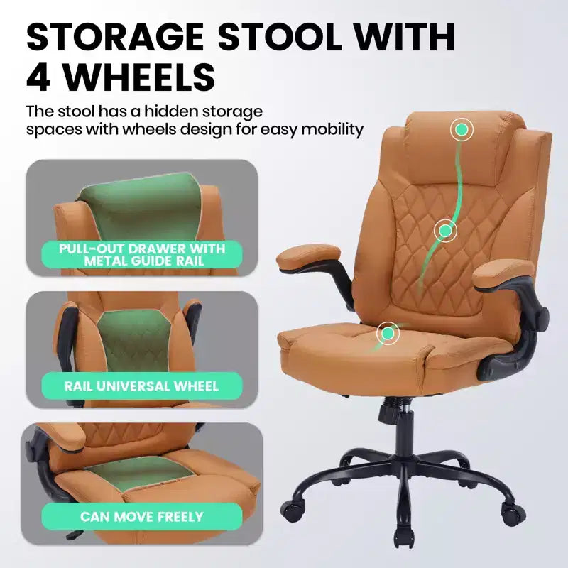 Sedia da ufficio direzionale in pelle, sedia da scrivania ergonomica per carichi pesanti da 158 kg con supporto lombare, braccioli imbottiti ribaltabili, blocco reclinazione e rotazione a 360°