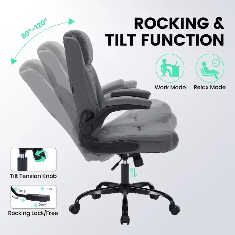 Sedia da ufficio direzionale in pelle, sedia da scrivania ergonomica per carichi pesanti da 158 kg con supporto lombare, braccioli imbottiti ribaltabili, blocco reclinazione e rotazione a 360°