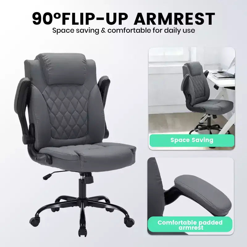 Sedia da ufficio direzionale in pelle, sedia da scrivania ergonomica per carichi pesanti da 158 kg con supporto lombare, braccioli imbottiti ribaltabili, blocco reclinazione e rotazione a 360°