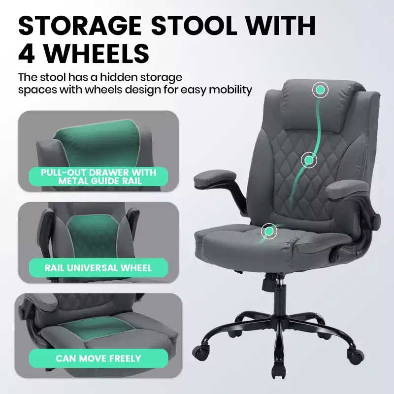 Sedia da ufficio direzionale in pelle, sedia da scrivania ergonomica per carichi pesanti da 158 kg con supporto lombare, braccioli imbottiti ribaltabili, blocco reclinazione e rotazione a 360°