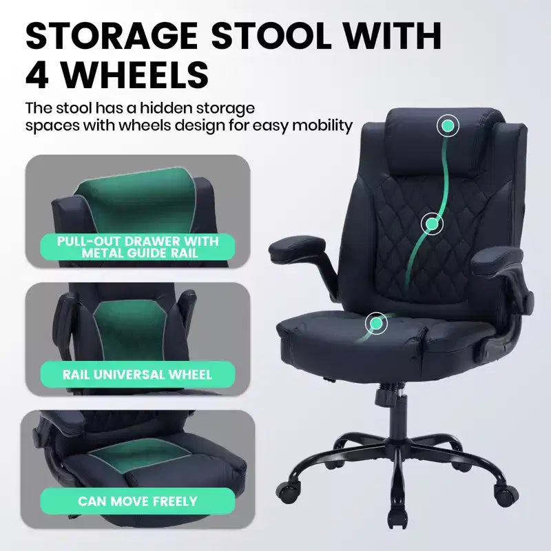 Sedia da ufficio direzionale in pelle, sedia da scrivania ergonomica per carichi pesanti da 158 kg con supporto lombare, braccioli imbottiti ribaltabili, blocco reclinazione e rotazione a 360°